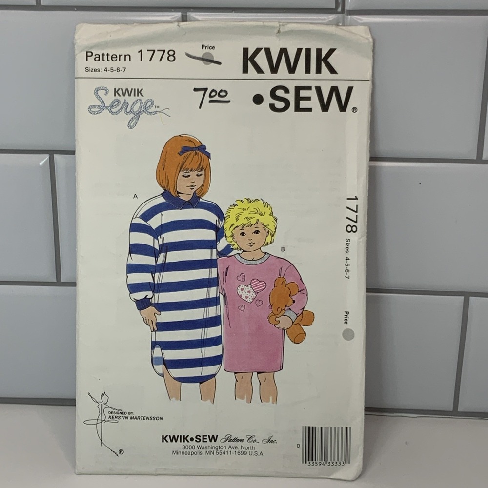 KWIK SEW #1778 - Girls Loose Fitting Nightshirts In 2 Styles Sz  4-7 Uncut